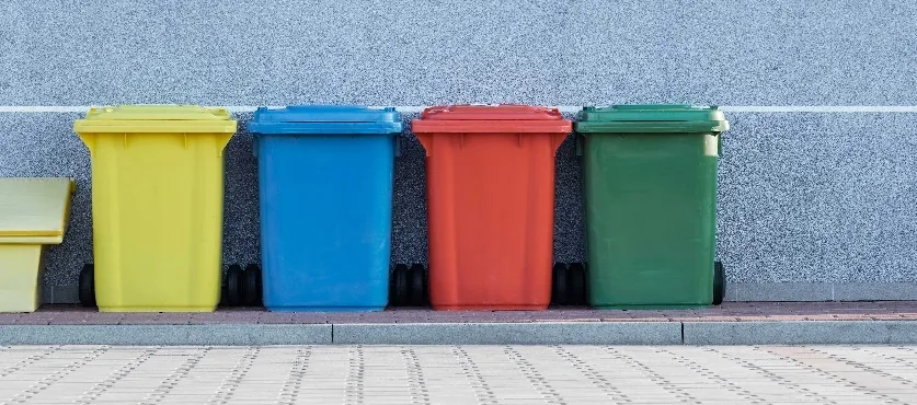 Colour-coded containers used for organised recycling